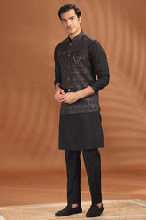 Black Silk Kurta Pajama with Embroidered Jacket